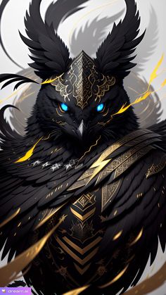 a black owl with blue eyes and gold wings