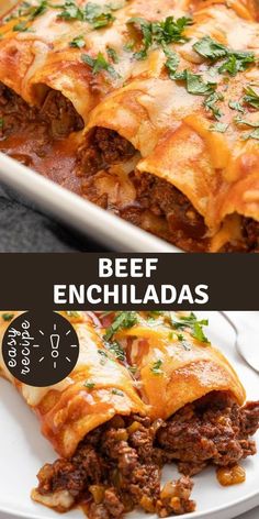 beef enchiladas on a white plate with text overlay