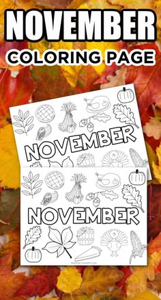 november and november coloring pages with leaves on the ground in front of them, text reading november