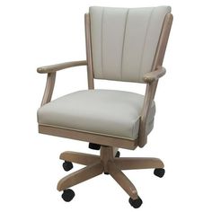 an office chair with wheels on the back and seat upholstered in white leather