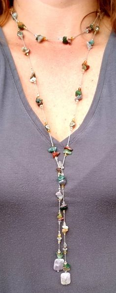 "So natural and pretty! This silk hand knotted lariat features jasper and is surrounded by  shimmering beads. The lariat is created with beige silk. Each lariat is created upon order. There may be slight variations in the beads. This lariat does not have a clasp. Simply wrap the necklace around your neck (so most of the necklace is behind you), then wrap bring both ends around to the front of your neck. Criss cross and flip one end over to make a Y and complete the necklace. Once worn, lariats l Hand Knotted Necklace, Heart Anklet, Knotted Necklace, Beige Silk, Y Necklace, Wrap Necklaces, Jasper Necklace, Diy Wire Jewelry, Jewelry Fashion Trends