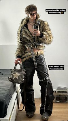 Edgy Outfits Male, Fur Outfit Men, Punk Fashion Male, Racer Jacket Outfit, Marlon Noah, Guangzhou Style, Y2k Outfits Men, Racer Jacket, Queer Fashion