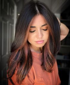 Black Hair With Auburn Money Piece, Brunette Color Blocking, Short Dark Hair With Face Framing Highlights, Copper Face Frame, Copper Face Framing Highlights, Copper Money Piece Hair, Black And Copper Hair, Peekaboo Hair Colors, Peekaboo Hair