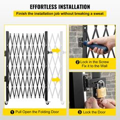 the instructions for how to install an outdoor security gate with locks and bars on both sides