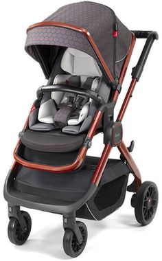 a stroller with an infant in it on a white background and red trim around the seat