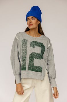 The Number 12 Pullover – ROOLEE Style Aesthetic, Denim Accessories, Swimwear Brands, Oversized Sweatshirt, Grey Fashion, Long Sleeve Sweatshirts, Long Sleeve Tee