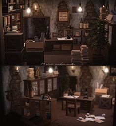 two pictures of a room with desks and books