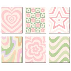 four different patterns in pink, green and white with hearts on the bottom one has a star