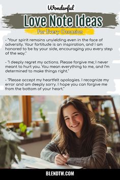 a woman sitting at a table writing on paper with the words love note ideas