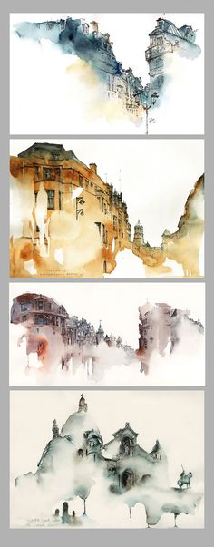 three watercolor paintings with buildings and mountains in the background, each painting has different colors