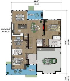 the floor plan for a house with two car garages and an attached pool area