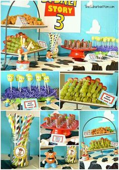 an assortment of desserts and snacks displayed on a table at a sesame street birthday party