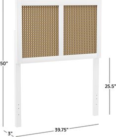 a white headboard with wicker panels and measurements