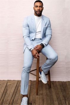 Sky Blue Wool One Button Formal Business Men Suit for Prom | Allaboutsuit Prom Suit Ideas, Wedding Suit Ideas, Sky Blue Wedding, Blue Wedding Suit, Suit For Prom, Summer Wedding Suits, Prom Suit, Men's Business Suits