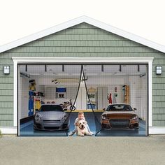 a garage with two cars in it and a dog sitting on the ground next to them