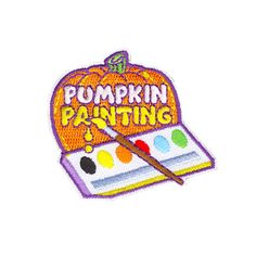 a patch with the words pumpkin painting on it and an artist's palette next to it