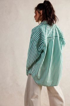 We The Free Freddie Striped Shirt | Free People Green Striped Button Down Shirt Outfit, Styling Mens Shirts For Women, Oversized Striped Shirt Outfit, Striped Button Up Shirt Outfit, Green Striped Shirt Outfit, Purple Striped Shirt, Striped Shirt Outfit, Denim Duster, Oversized Striped Shirt