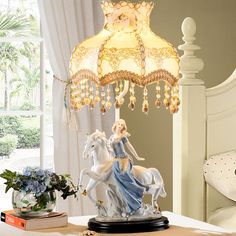 Retro Wave Edge Table Lamp With Ceramic Woman And Horse Decor - White Night Light Shabbie Chic Lights, Shabby Lamp, Woman And Horse, Art Deco Light Fixtures, Ceramic Woman, Girls Princess Room, Nordic Wedding, Wedding Room Decorations, Retro Table Lamps