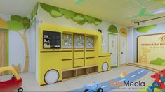 the children's playroom is decorated in yellow and green