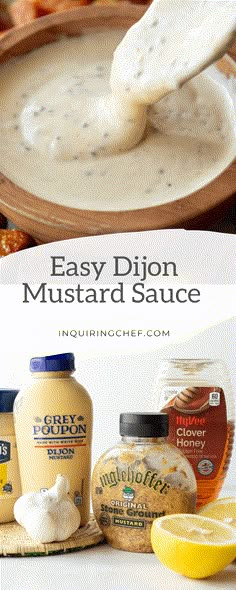 homemade dijond mustard sauce in a bowl with lemons and garlic on the side