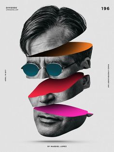 a man with multiple colored glasses on his face and the image is split in half