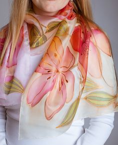 This floral women silk scarf is a beautiful mother gift and surprise for her. Hand Painted scarf in unique work. ANOLI Design hand painted silk scarves are an outstanding and unique gift for those who want to stand out from the gray mass! Our designs are characterized by a unique symbiosis of a beautiful and modern lifestyle. Anoli Design products are like a sensual embodiment of lightness, beauty and ultimate comfort, with which you enjoy timeless luxury  intertwined with the best emotions and Silk Scarves With Floral Print As Gift, Silk Scarves With Floral Print For Gift, Silk Floral Print Scarf As Gift, Floral Print Silk Shawl Scarf As Gift, Silk Scarf With Floral Print For Gift, Floral Print Silk Shawl Scarf For Gift, White Silk Scarf With Floral Print For Gift, White Floral Print Silk Scarf As A Gift, White Floral Print Silk Scarf For Gift