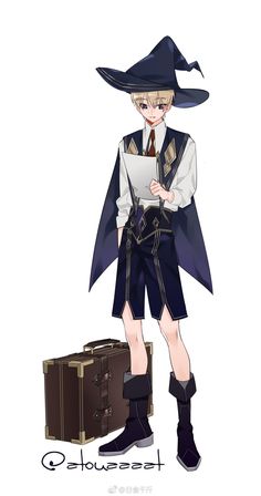 an anime character is standing next to a suitcase