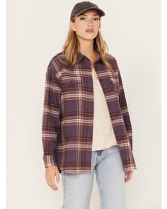 Cleo + Wolf Women's Plaid Print Oversized Long Sleeve Flannel Button-Down Shirt, Violet Relaxed Fit Fall Shirt With Button Closure, Relaxed Fit Shirt With Button Closure For Fall, Everyday Fall Shirt With Shirttail Hem, Fall Shirt With Shirttail Hem For Everyday, Everyday Shirt With Shirttail Hem For Fall, Shirt With Shirttail Hem For Everyday Fall, Trendy Everyday Flannel Shirt With Button Closure, Fall Flannel Button-up Shirt, Oversized Fall Flannel Shirt For Everyday