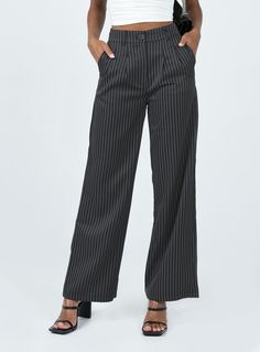 Tailored pants  Princess Polly exclusive  96% polyester 4% elastane  Length of size AU 8 / US 4 waist to hem: 108cm / 42.5in  Kristen is wearing a size US 2 / AU 6   Pinstripe print  High waisted  Relaxed leg  Zip & button fastening  Subtle pleats at waist  Twin hip pockets  Non-stretch   Unlined Pinstripe Pants Women, Archer Pants, Tailored Pants Women, Outfit Styling, Pinstripe Pants, Fleece Dress, Sweatshirt Set, Outerwear Outfit, Loungewear Sets