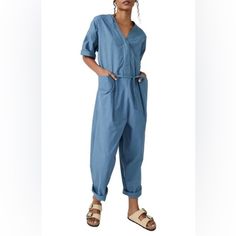 On Sale Is A Free People Feels So Right Cotton Jumpsuit Blue Mirage Small S. It Is New Without Tags. The Measurements Are Approximations Length (Shoulder To Hem)- 57.5 Inches Width (Pit To Pit)- 25.5 Inches Waistline- 24.5 Inches Inseam- 27.5 Inches Bin 1313 Free People Overalls, Free People Jumpsuit, Spring Stripes, Jumpsuit Blue, Balloon Pants, Sequin Rompers, Cotton Jumpsuit, Cropped Jumpsuit, Strapless Jumpsuit