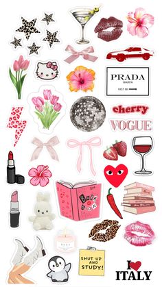 various stickers that include lipstick, flowers and other items