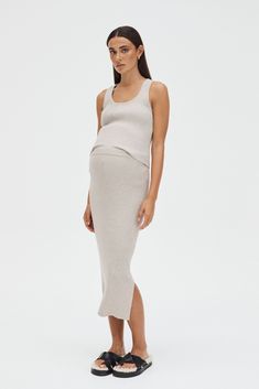 Maternity Ribbed Crop Tank (Taupe Marle) | LEGOE HERITAGE – LÉGOE HERITAGE Legoe Heritage, Maternity Maxi Skirt, Pregnant Model, Pregnancy Style, Maternity Maxi, Split Skirt, Maternity Skirt, The Bump, Midi Length Dress