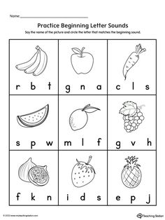 the beginning letter sounds worksheet with fruits and vegetables on it, including letters