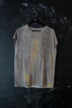 Naturally dyed grey yellow linen top. Loose fit tank top. Fabric is hand dyed using organic plant matter. Each piece is dyed individually and no two can ever be the same. Size: M  Measurements: Chest: 44" (112 cm) Bottom: 44" (112 cm) Length: 27" (69 cm)  Shoulders: 23" (60 cm) One of a kind top! #397 Sleeveless Cotton Tops With Natural Dye, Sleeveless Cotton Top With Natural Dye, Hand Dyed Yellow Tops For Summer, Hand Dyed Yellow Top For Summer, Yellow Hand-dyed Top For Summer, Hand Dyed Yellow Cotton Tops, Summer Hand-dyed Yellow Top, Summer Yellow Hand-dyed Top, Hand Painted Linen