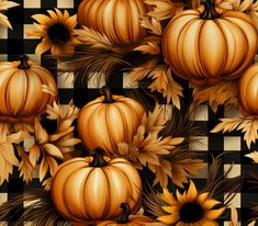 an image of pumpkins and sunflowers on checkered background