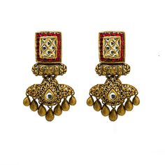 22K Yellow Gold Temple Necklace & Earring Set W/ Kundan & Rubies on Jewelled Double Drop Square Pendant for women. This absolutely stunning Temple earrings and necklace set features a square accent embellished with radiant Kundan and rubies. it also features a design of heavily detailed accents throughout its collar and double drop pendant. The necklace is 15 inches long with a width range of 2.5-11mm. Its pendant is 75 mm long and 55 mm wide. Each earring features a screw back posts for easy we 22k Gold Dual-tone Jewelry For Celebrations, Dual-tone 22k Gold Jewelry For Celebrations, Festive Dual-tone Gold Plated Jewelry, Traditional Dual-tone Yellow Gold Jewelry, Dual-tone Kundan Jewelry, Luxury Gold Kundan Necklace With Meenakari, Traditional Dual-tone Gold Jewelry, Dual-tone Gold Plated Jewelry, Traditional 22k Gold Earrings With 17 Jewels