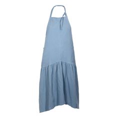 a blue apron dress with straps on the front and bottom, in light blue linen