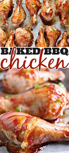 baked bbq chicken on a sheet pan with the title in red text above it