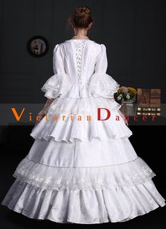 Renaissance White Floral Victorian Lolita Dress     Condition: Brand New   Color:White   Material: This dress made of High Quality Brocade, soft,smooth and comfortable to wear   Sleeve Length: Long Sleeve   Dresses Length:Floor-Length   Neckline: amp;nbsp; O-Neck   Decoration: Ruffles + Lace + Bow   Package Includes: One Dress     The length of skirt about 45 inches (114 cm) long from waist to hem regardless of size. This dress is pictured with a 6-hoop skirt Petticoat underneath to achieve the White Lace Ball Gown Dress, White Lace Ball Gown, White Long Sleeve Gown With Lace Trim, White Fitted Full Length Maxi Dress, White Fitted Ball Gown Dress, White Gown With Ruffles And Fitted Bodice, White Fitted Full-length Gown, Fitted White Maxi Dress, White Fitted Full-length Dress