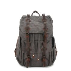 a gray backpack with brown straps on the front and side pockets, sitting against a white background