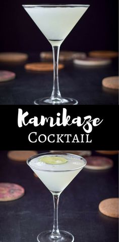 two martinis with the words karmikage cocktail on top and below them