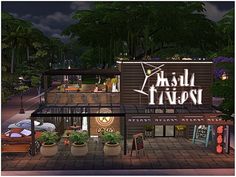 Cute Restaurant Exterior, Industrial Restaurant Exterior, Restaraunt Tycoon 2 Ideas, Space Themed Restaurant, The Sims 4 Restaurant Ideas, Sims 4 Restaurant Ideas, Ts4 Restaurant, Sims 4 Restaurant Build, Sims 4 Nightclub