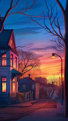 a painting of a street at night with the sun setting in the sky and trees