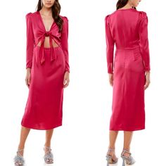 Size: Large Bust: 36-38 In. Waist: 30 In. Details & Care Gorgeously Tied At The Bust With A Cutout At The Waist, This Long-Sleeve Midi Dress With Puff Shoulders Is Crafted In Lustrous Satin For Easy Elegance. 97% Polyester, 3% Spandex Machine Wash, Tumble Dry Imported Item #6841838 Spring Party Midi Dress With Tie Back, Spring Satin Midi Dress With Tie Waist, Spring Midi Dress With Bow For Brunch, Spring Brunch Midi Dress With Bow, Midi Dress With Bow For Brunch, Midi Length Dress With Bow For Brunch, Bow Midi Dress For Brunch, Fitted Midi Dress With Bow For Spring, Chic Midi Dress With Bow For Brunch