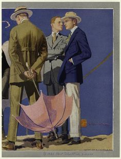 two men standing next to each other with an umbrella in front of them and another man looking at him