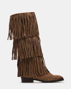 SPUR Taupe Suede Fringe Boot | Women's Boots Suede Fringe Boots, Weekend Work, Fringe Boots, Suede Fringe, Elevate Your Look, Women's Boots, Effortless Style, Steve Madden, 1 Inch