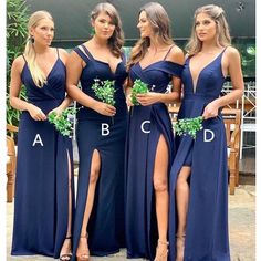 the bridesmaids are dressed in navy blue dresses with thigh high slits and one side split