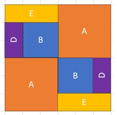 the four squares have different colors and letters on each side, with one letter at the bottom