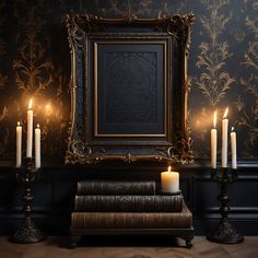 three candles are lit in front of an old book and ornate framed photograph on the wall