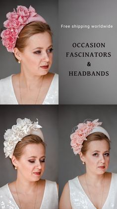 Pale pink fascinator headband for wedding guest by TailoredMagic, free shipping. Floral head piece inspired by Kate Middleton halo crown headpiece. Wedding guest hat is hand made. Halo headband has been covered in a high quality Italian fabric. Coctail hat has been trimmed with intone flowers and leaves covering the right ear side of the pink hairband. Modern and elegant pink hatinator will instantly elevate any outfit. Perfect for wedding, races, cocktail or tea party and other special occasion Elegant Pink Hair Accessories For Royal Ascot, Elegant Pink Hair Accessories For Races, Handmade Pink Wedding Headpiece, Elegant Pink Hair Accessories For Kentucky Derby, Elegant Pink Headpiece With Structured Crown, Elegant Pink Headband For Kentucky Derby, Handmade Pink Fascinator For Party, Elegant Spring Fascinator With Matching Headband, Pink Handmade Flowers Headband For Wedding